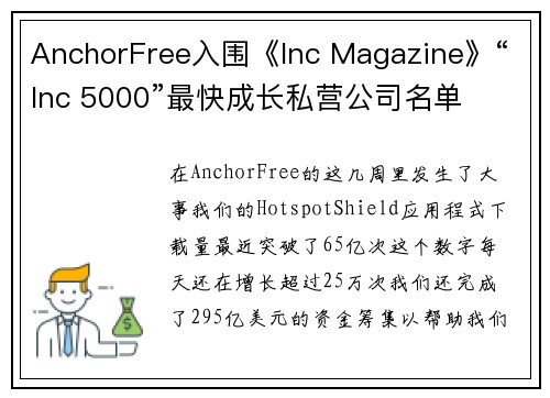 AnchorFree入围《Inc Magazine》“Inc 5000”最快成长私营公司名单 